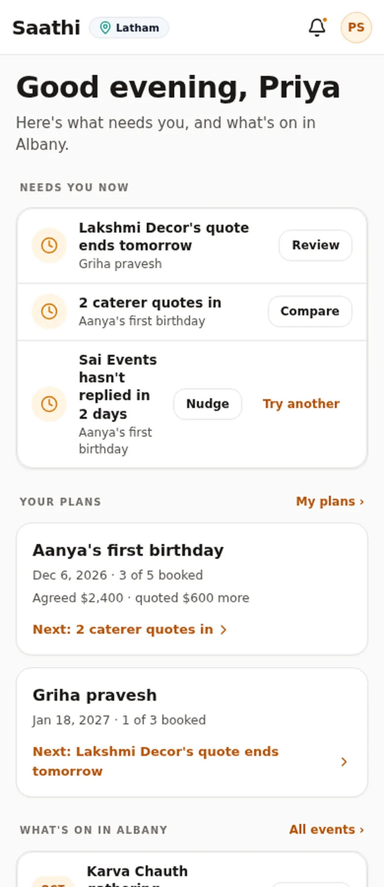 The Saathi home screen listing quotes to review and the family’s plans