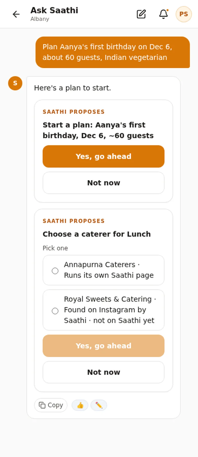 Saathi turning “Plan Aanya’s first birthday on Dec 6, about 60 guests” into a plan to confirm